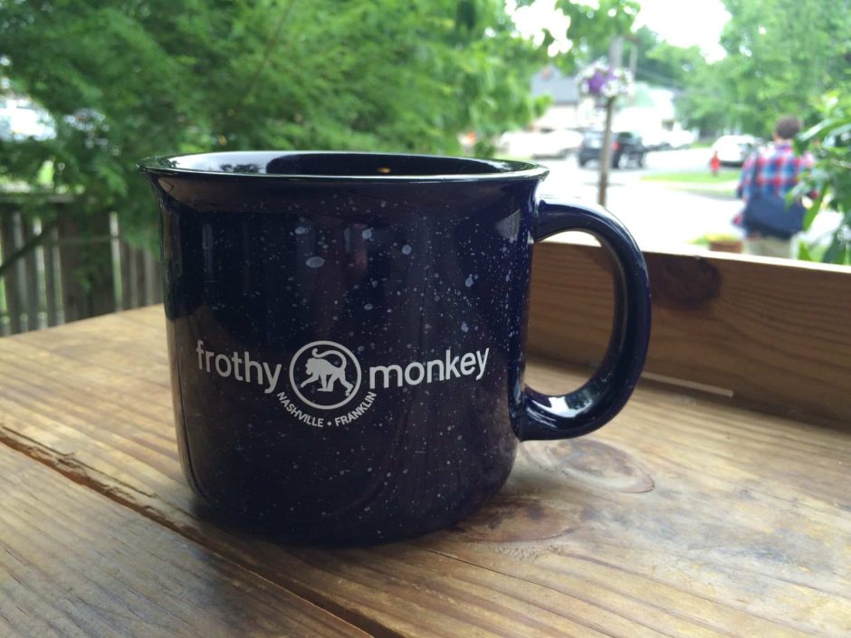 Contact Frothy Monkey header image - coffee mug on 12South Porch